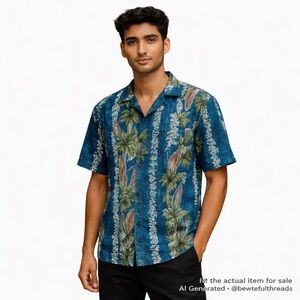 Randy River R2 Hardcore L Blue Hawaiian Surf Floral Button Shirt Y2K